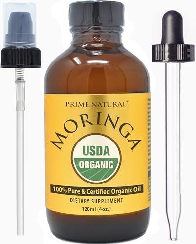 PRIME NATURAL Bio Moringa Öl USDA zertifiziert, 100% rein, kaltgepresst, nativ, unraffiniert (120 ml) - Moringa Nahrungsergänzungsmittel - Energie, Gelenke, Haut, Gesicht, Körper, Haare, vegan, Lebensmittelqualität
