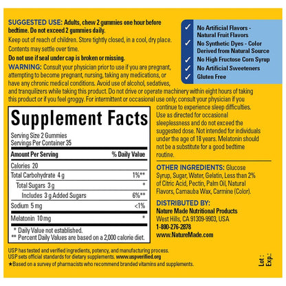 Nature Made Melatonin 10 mg Gummis für Erwachsene – Maximum-Stärke Einschlafhilfe, 70 Gummis, 35 Tage Vorrat