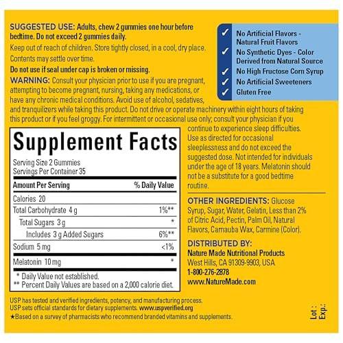 Nature Made Melatonin 10 mg Gummis für Erwachsene – Maximum-Stärke Einschlafhilfe, 70 Gummis, 35 Tage Vorrat