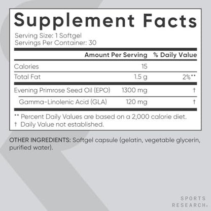 Sports Research Nachtkerzenöl Kapseln aus kaltgepresstem Öl – 1300 mg hochdosiert, 30 Stück – für Frauen Gesundheit & Hautpflege – Glutenfrei & Non-GMO