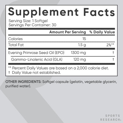 Sports Research Nachtkerzenöl Kapseln aus kaltgepresstem Öl – 1300 mg hochdosiert, 30 Stück – für Frauen Gesundheit & Hautpflege – Glutenfrei & Non-GMO