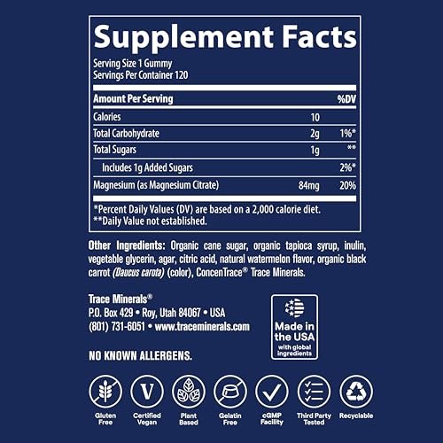 Trace Minerals Magnesium Gummis – Unterstützt einen ruhigen Geist – Magnesium-Kaugummis für Kinder & Erwachsene – Knochen-, Verdauungs-, Herzgesundheit & Immununterstützung – Wassermelonengeschmack – 120 Stück (120 Portionen)