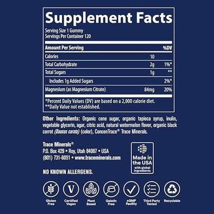 Trace Minerals Magnesium Gummis – Unterstützt einen ruhigen Geist – Magnesium-Kaugummis für Kinder & Erwachsene – Knochen-, Verdauungs-, Herzgesundheit & Immununterstützung – Wassermelonengeschmack – 120 Stück (120 Portionen)