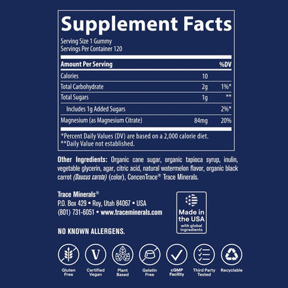 Trace Minerals Magnesium Gummis – Unterstützt einen ruhigen Geist – Magnesium-Kaugummis für Kinder & Erwachsene – Knochen-, Verdauungs-, Herzgesundheit & Immununterstützung – Wassermelonengeschmack – 120 Stück (120 Portionen)