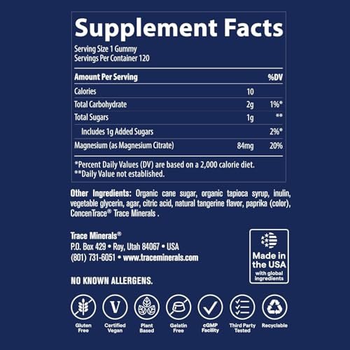 Trace Minerals Magnesium Gummis (120 Stück) - Wenig Zucker - Für Kinder & Erwachsene - Tangerine