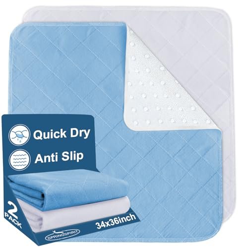 SPRINGSPIRIT Waschbare Bettauflagen 34x36 Zoll, 2er-Pack – Wasserdichte wiederverwendbare Inkontinenzunterlagen, Saugfähige Bettschutzauflagen für Erwachsene, Senioren, Kinder, Kleinkinder und Haustiere, Weiß & Blau