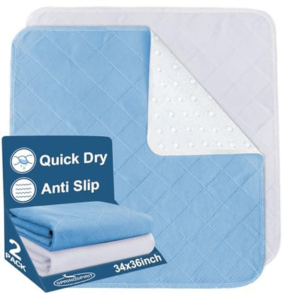 SPRINGSPIRIT Waschbare Bettauflagen 34x36 Zoll, 2er-Pack – Wasserdichte wiederverwendbare Inkontinenzunterlagen, Saugfähige Bettschutzauflagen für Erwachsene, Senioren, Kinder, Kleinkinder und Haustiere, Weiß & Blau