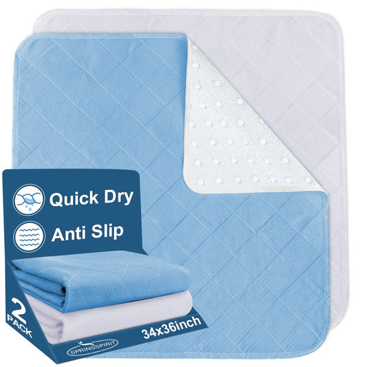 SPRINGSPIRIT Waschbare Bettauflagen 34x36 Zoll, 2er-Pack – Wasserdichte wiederverwendbare Inkontinenzunterlagen, Saugfähige Bettschutzauflagen für Erwachsene, Senioren, Kinder, Kleinkinder und Haustiere, Weiß & Blau