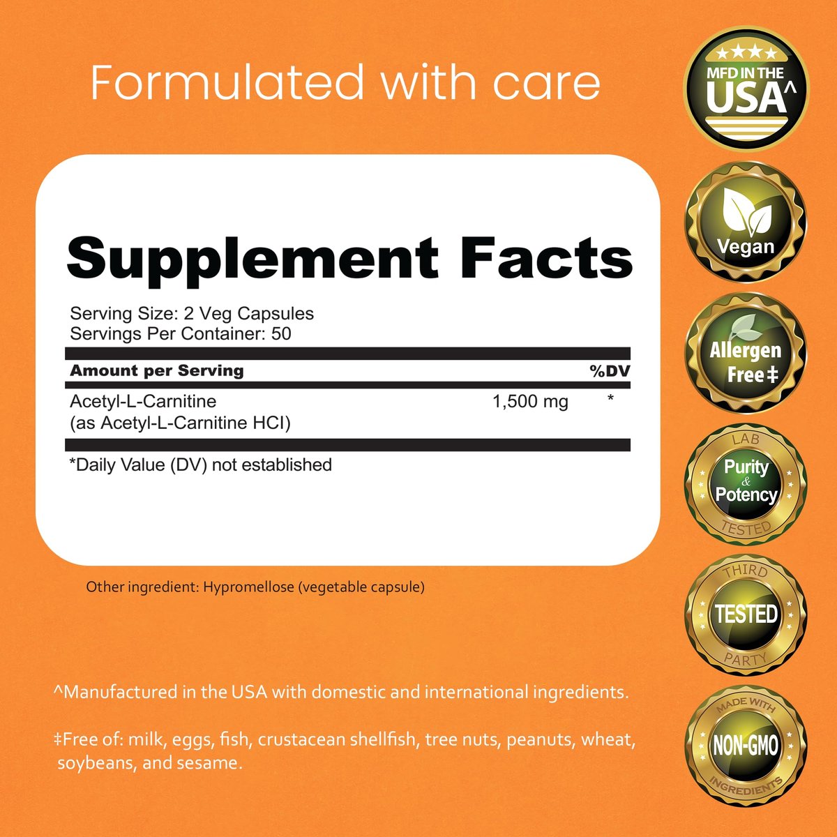 NaturaLife Labs Acetyl L-Carnitin (ALCAR) 1500 mg pro Portion – 100 Kapseln – Non-GMO, glutenfrei, vegan