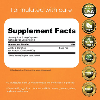 NaturaLife Labs Acetyl L-Carnitin (ALCAR) 1500 mg pro Portion – 100 Kapseln – Non-GMO, glutenfrei, vegan