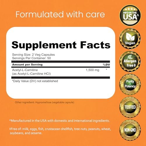 NaturaLife Labs Acetyl L-Carnitin (ALCAR) 1500 mg pro Portion – 100 Kapseln – Non-GMO, glutenfrei, vegan