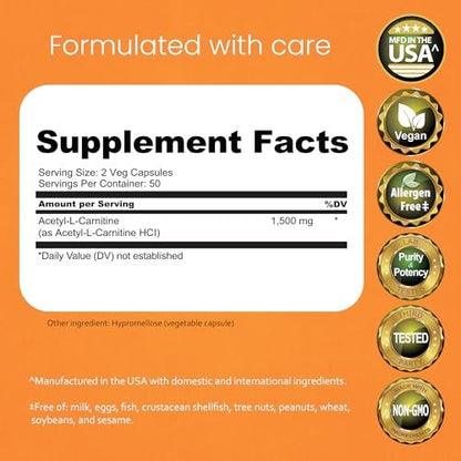 NaturaLife Labs Acetyl L-Carnitin (ALCAR) 1500 mg pro Portion – 100 Kapseln – Non-GMO, glutenfrei, vegan