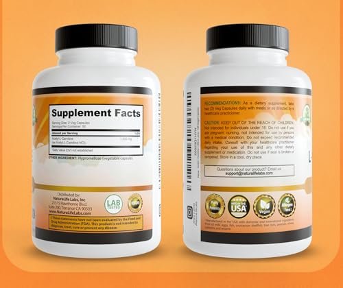NaturaLife Labs Acetyl L-Carnitin (ALCAR) 1500 mg pro Portion – 100 Kapseln – Non-GMO, glutenfrei, vegan