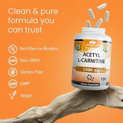 NaturaLife Labs Acetyl L-Carnitin (ALCAR) 1500 mg pro Portion – 100 Kapseln – Non-GMO, glutenfrei, vegan