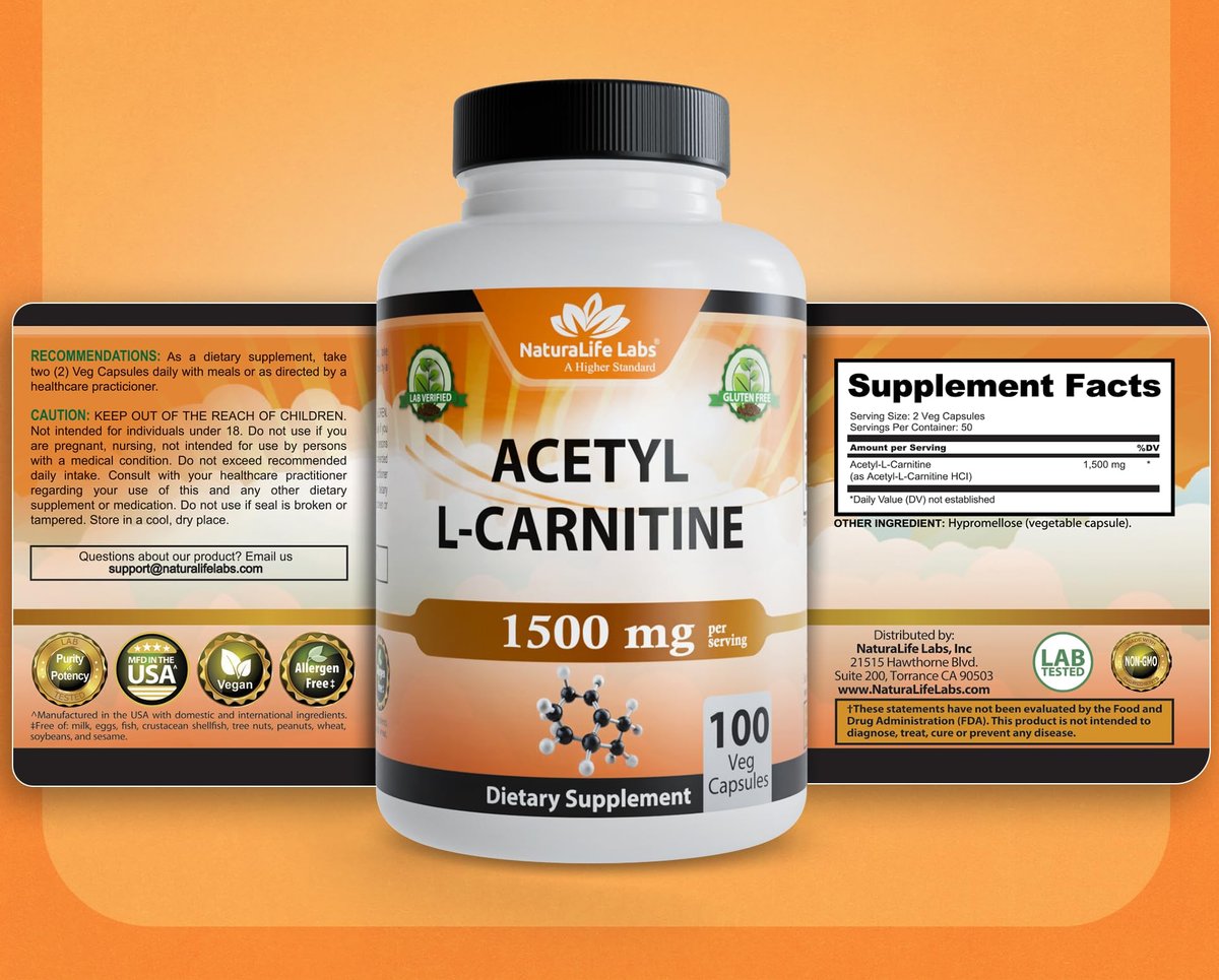 NaturaLife Labs Acetyl L-Carnitin (ALCAR) 1500 mg pro Portion – 100 Kapseln – Non-GMO, glutenfrei, vegan