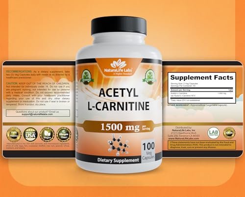 NaturaLife Labs Acetyl L-Carnitin (ALCAR) 1500 mg pro Portion – 100 Kapseln – Non-GMO, glutenfrei, vegan