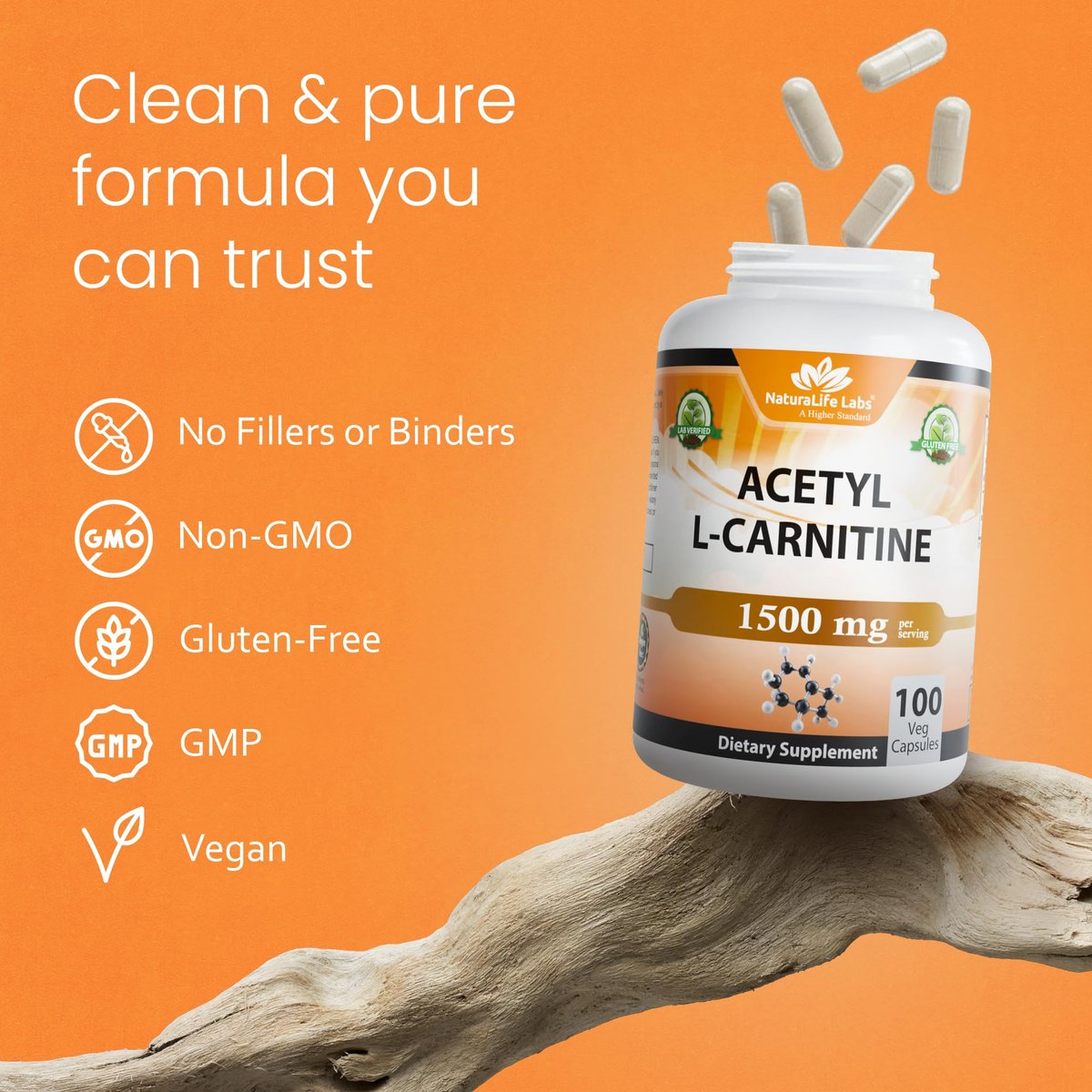 NaturaLife Labs Acetyl L-Carnitin (ALCAR) 1500 mg pro Portion – 100 Kapseln – Non-GMO, glutenfrei, vegan