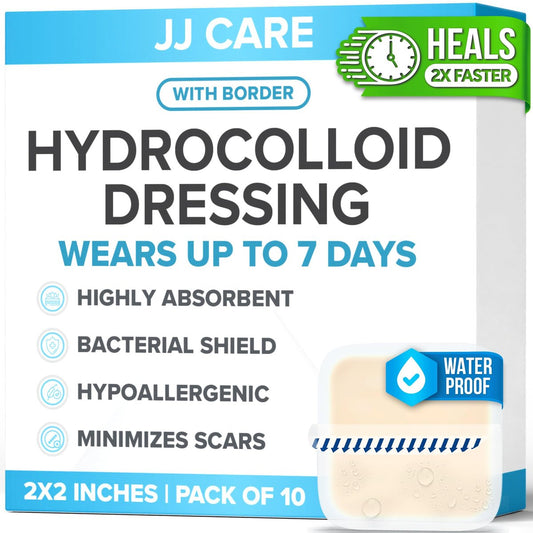 JJ CARE Hydrokolloid-Wundverband 2x2 [10er-Pack], 1,2 mm dicke Hydrokolloid-Bandagen mit Rand, selbstklebende dünne Hydrokolloid-Wundauflage, Wundversorgung für Druckstellen und Blasen