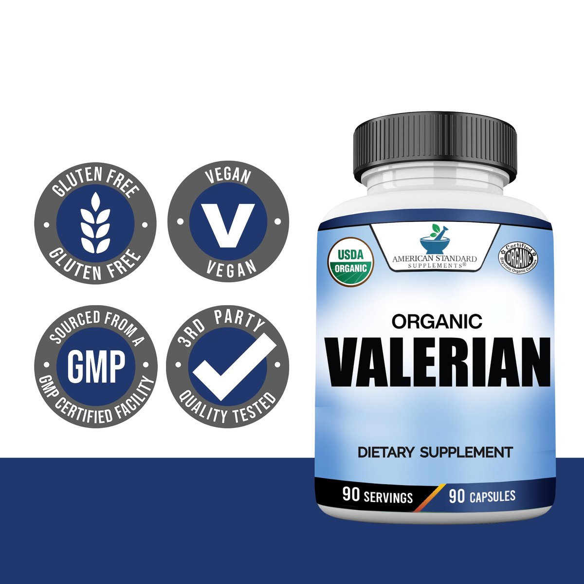 American Standard Supplements Bio Baldrian – Vegan, Glutenfrei, Nicht-GVO, 90 Kapseln, 90 Portionen