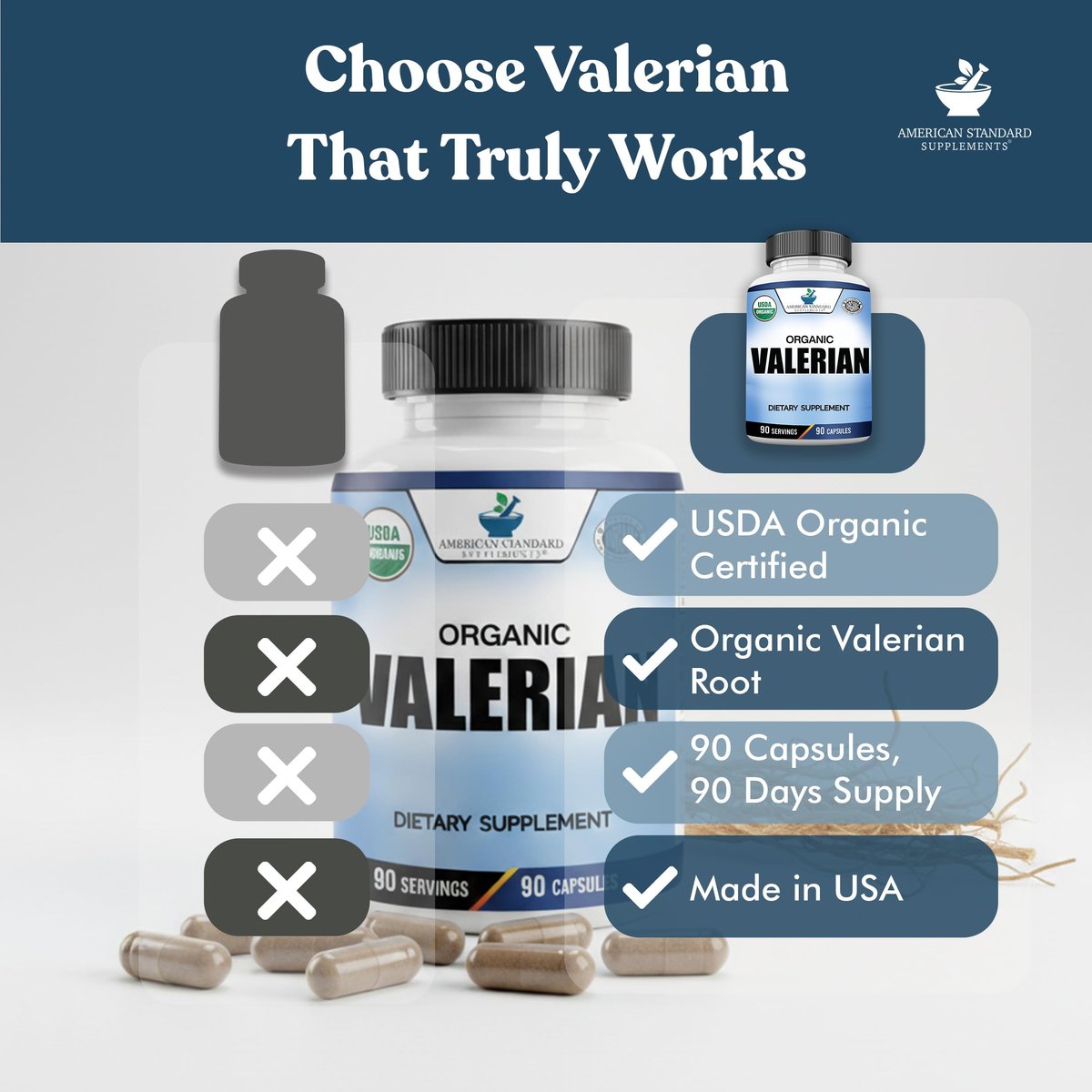 American Standard Supplements Bio Baldrian – Vegan, Glutenfrei, Nicht-GVO, 90 Kapseln, 90 Portionen