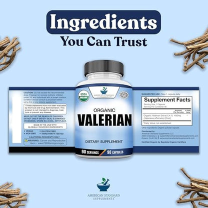American Standard Supplements Bio Baldrian – Vegan, Glutenfrei, Nicht-GVO, 90 Kapseln, 90 Portionen