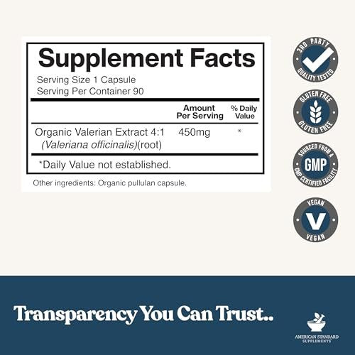 American Standard Supplements Bio Baldrian – Vegan, Glutenfrei, Nicht-GVO, 90 Kapseln, 90 Portionen