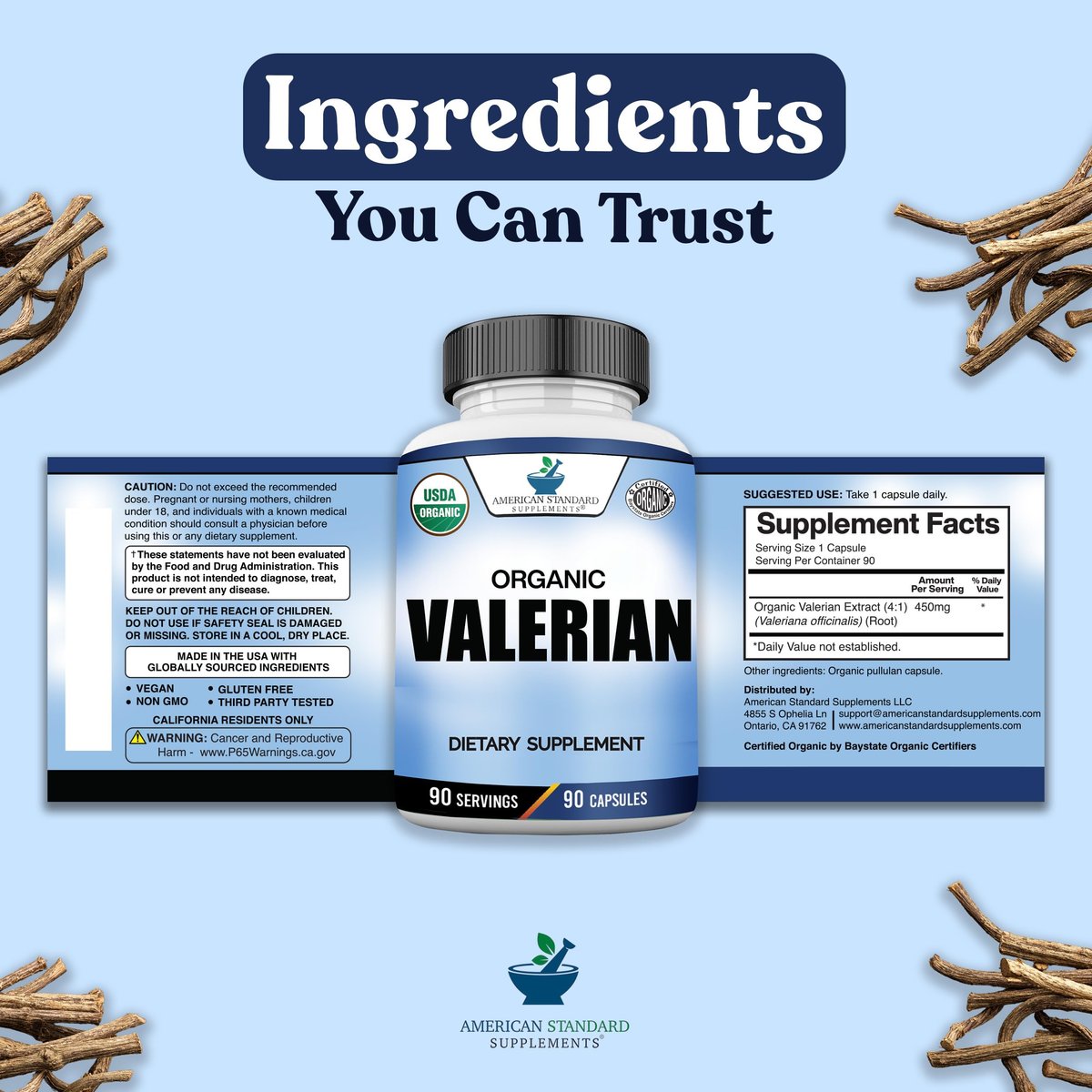 American Standard Supplements Bio Baldrian – Vegan, Glutenfrei, Nicht-GVO, 90 Kapseln, 90 Portionen