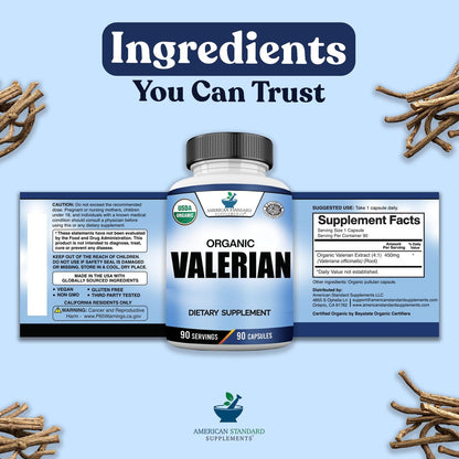 American Standard Supplements Bio Baldrian – Vegan, Glutenfrei, Nicht-GVO, 90 Kapseln, 90 Portionen