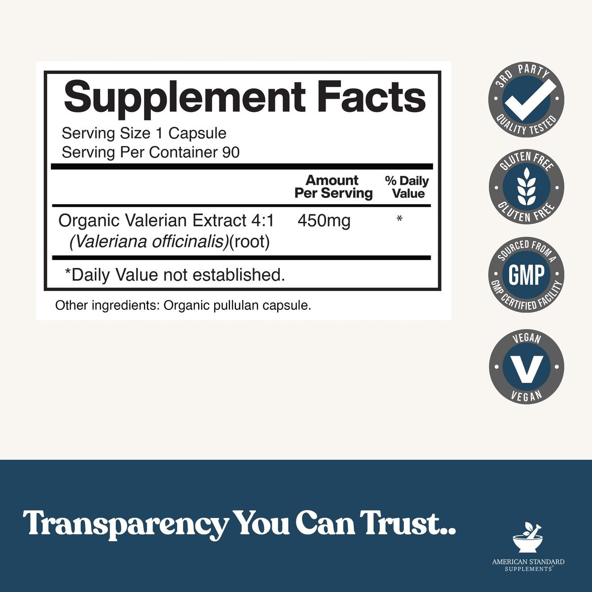 American Standard Supplements Bio Baldrian – Vegan, Glutenfrei, Nicht-GVO, 90 Kapseln, 90 Portionen