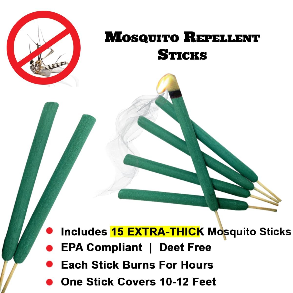 W4W Mückenschutz-Sticks Extra-Dick – Außenbereich bis zu 3-4 Meter Reichweite – Jeder Stick brennt stundenlang – (3er-Pack mit 15 Sticks)