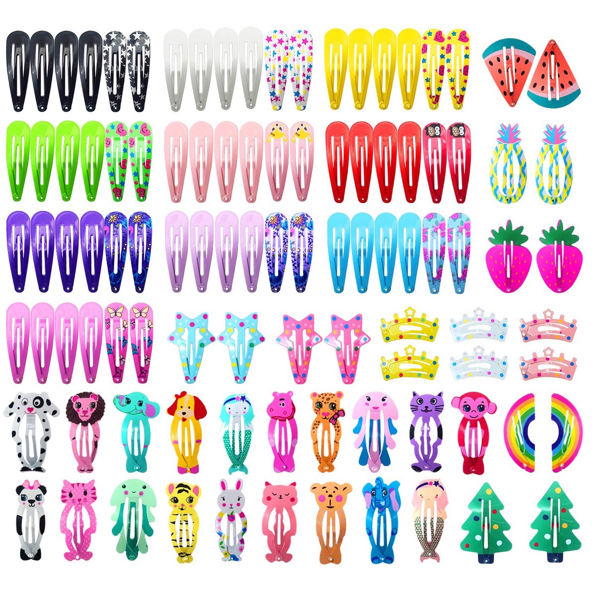 Funtopia Haarspangen für Mädchen, 100 Stück, Metall-Snap-Clips, rutschfest, für Kinder, Teenager und Frauen, süße Bonbonfarben, Cartoon-Design (Tiere, Früchte, Kronen, Sterne)