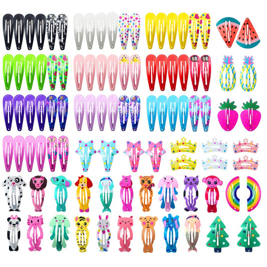 Funtopia Haarspangen für Mädchen, 100 Stück, Metall-Snap-Clips, rutschfest, für Kinder, Teenager und Frauen, süße Bonbonfarben, Cartoon-Design (Tiere, Früchte, Kronen, Sterne)