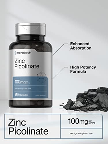 Horbäach Zink Picolinat 100mg | 180 Kapseln | Hochdosiert | Non-GMO, Glutenfrei | Nahrungsergänzungsmittel