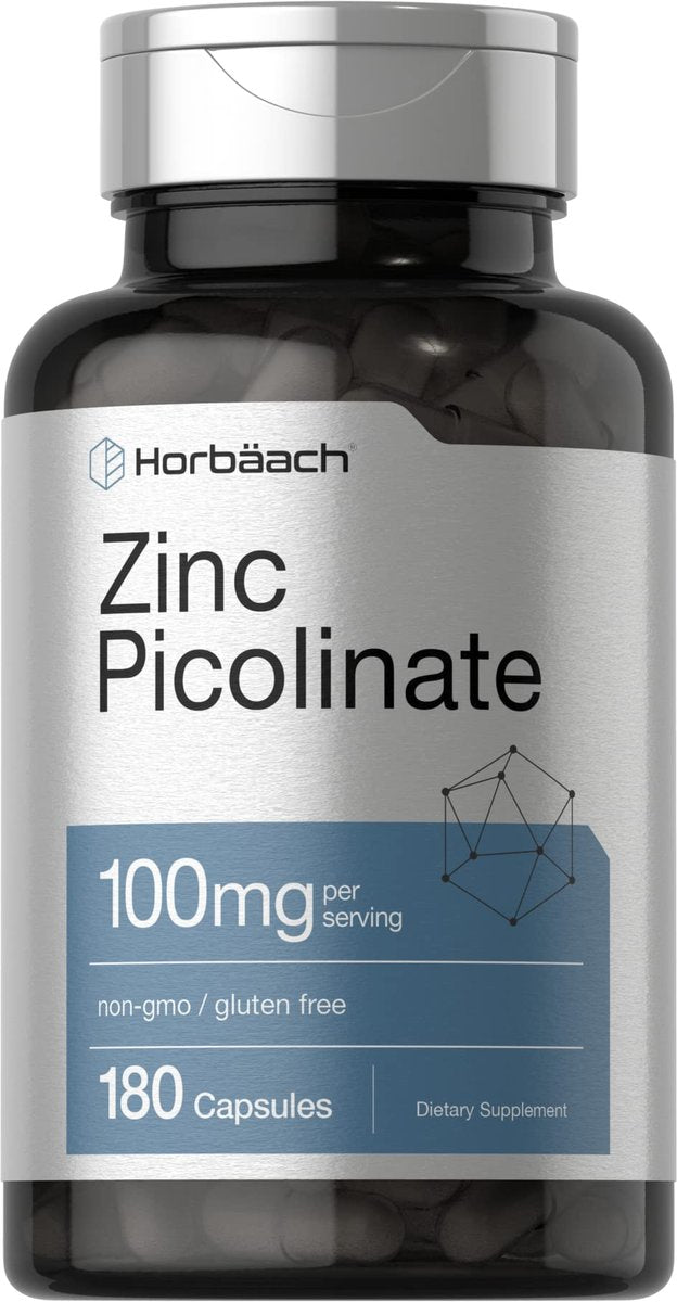 Horbäach Zink Picolinat 100mg | 180 Kapseln | Hochdosiert | Non-GMO, Glutenfrei | Nahrungsergänzungsmittel
