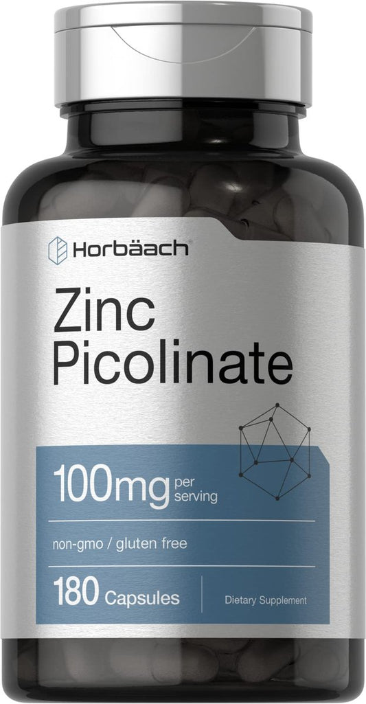 Horbäach Zink Picolinat 100mg | 180 Kapseln | Hochdosiert | Non-GMO, Glutenfrei | Nahrungsergänzungsmittel
