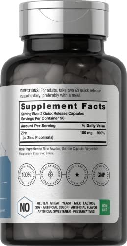 Horbäach Zink Picolinat 100mg | 180 Kapseln | Hochdosiert | Non-GMO, Glutenfrei | Nahrungsergänzungsmittel