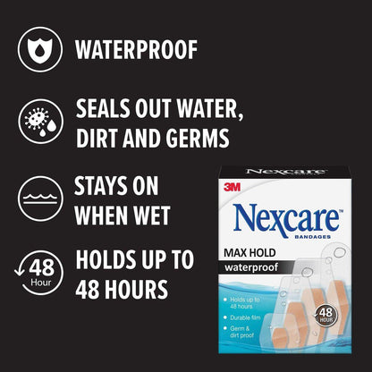 Nexcare Max Hold wasserdichte Pflaster – 48 Stunden Halt, flexibel für Finger, Knie und Fersen – 15 Stück transparent