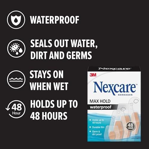 Nexcare Max Hold wasserdichte Pflaster – 48 Stunden Halt, flexibel für Finger, Knie und Fersen – 15 Stück transparent