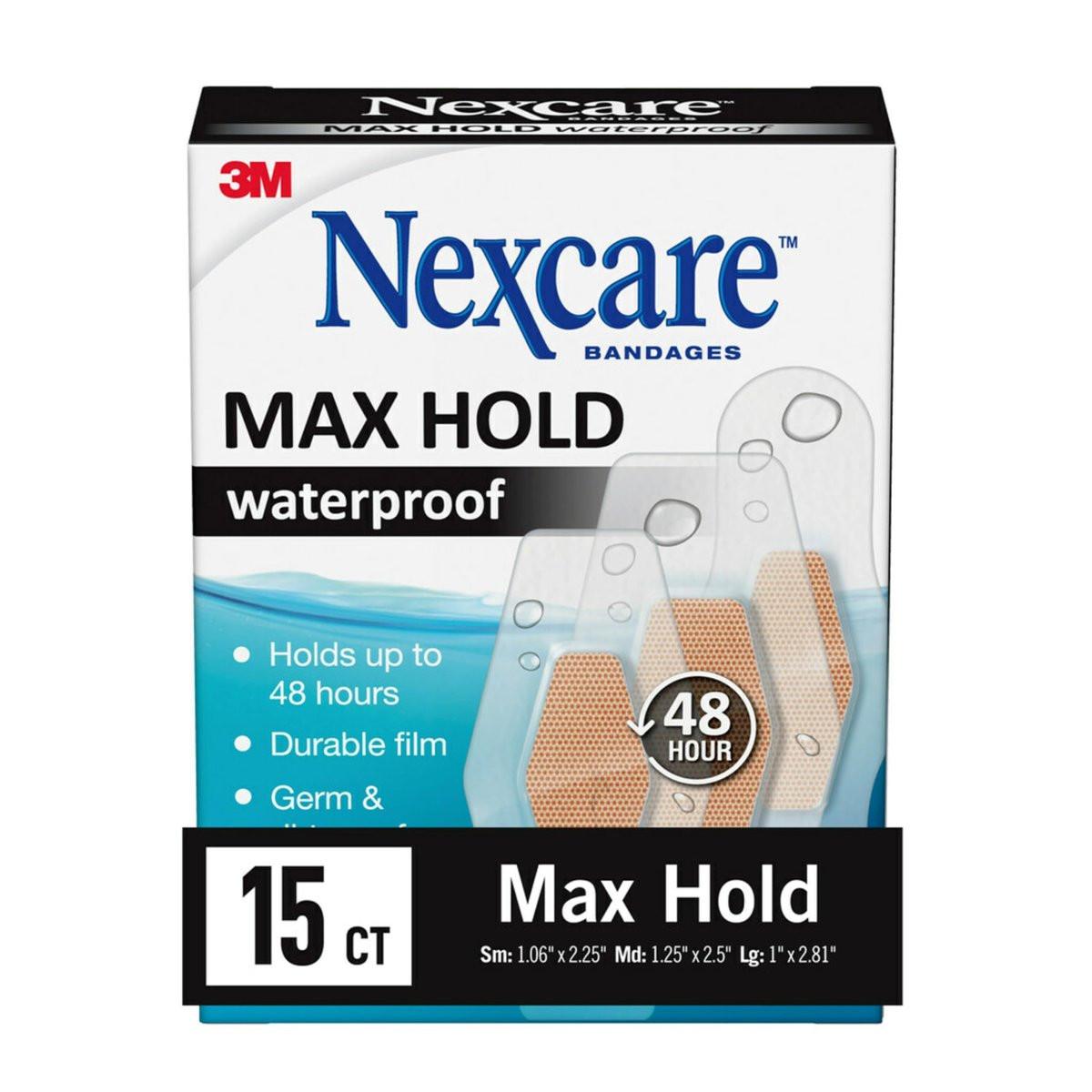 Nexcare Max Hold wasserdichte Pflaster – 48 Stunden Halt, flexibel für Finger, Knie und Fersen – 15 Stück transparent