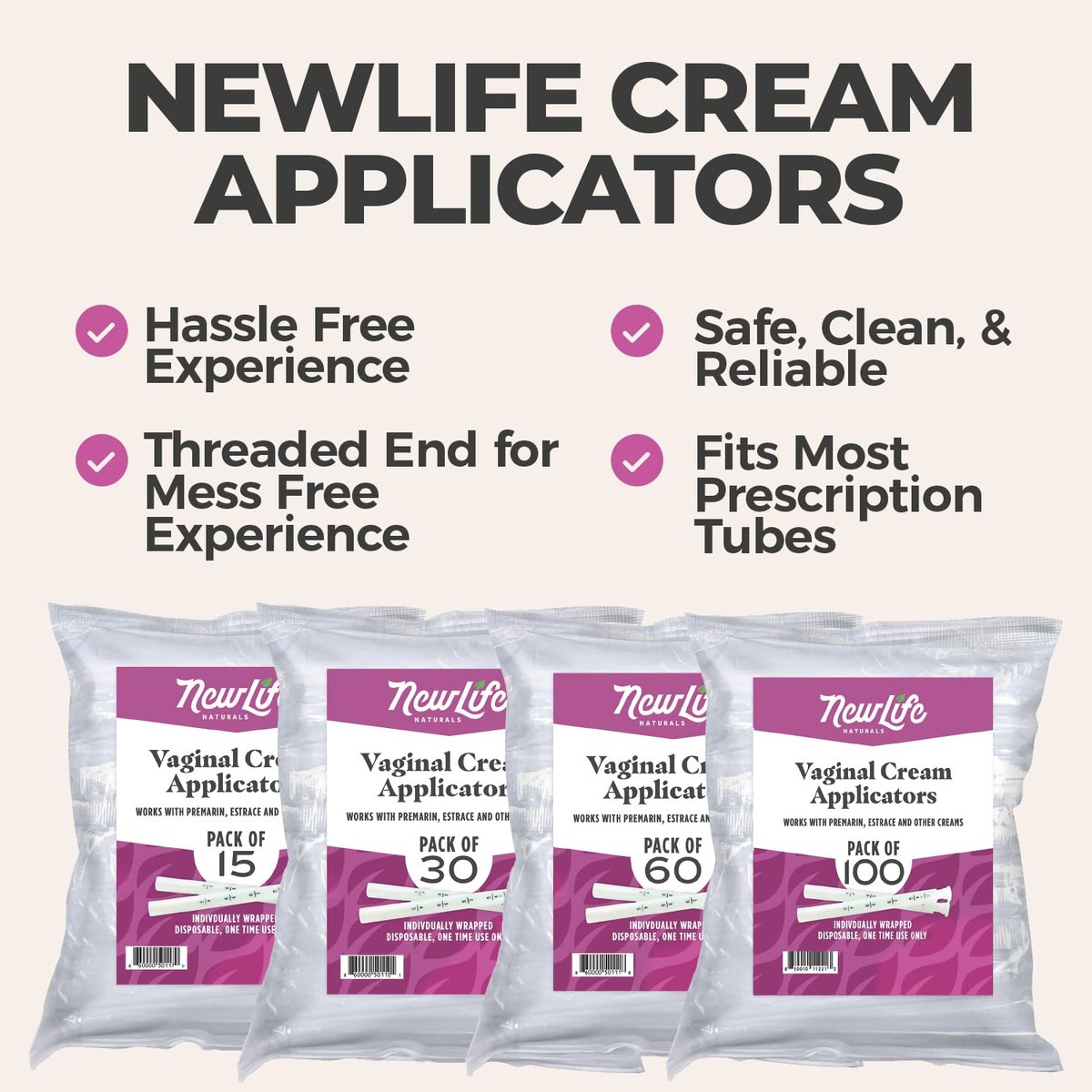 NewLife Naturals Einweg-Vaginalapplikatoren 15er-Pack – Mit Gewindemuster und Dosierungsmarkierungen – einzeln verpackt, sauber für Gele, Gleitmittel & Cremes – Hergestellt in USA