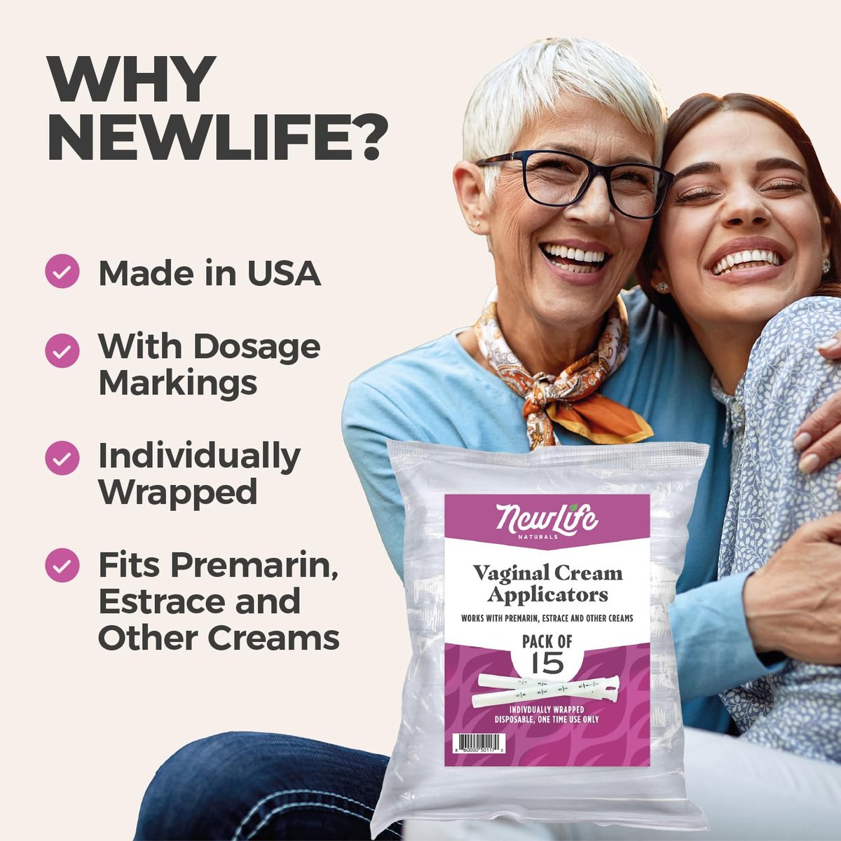 NewLife Naturals Einweg-Vaginalapplikatoren 15er-Pack – Mit Gewindemuster und Dosierungsmarkierungen – einzeln verpackt, sauber für Gele, Gleitmittel & Cremes – Hergestellt in USA