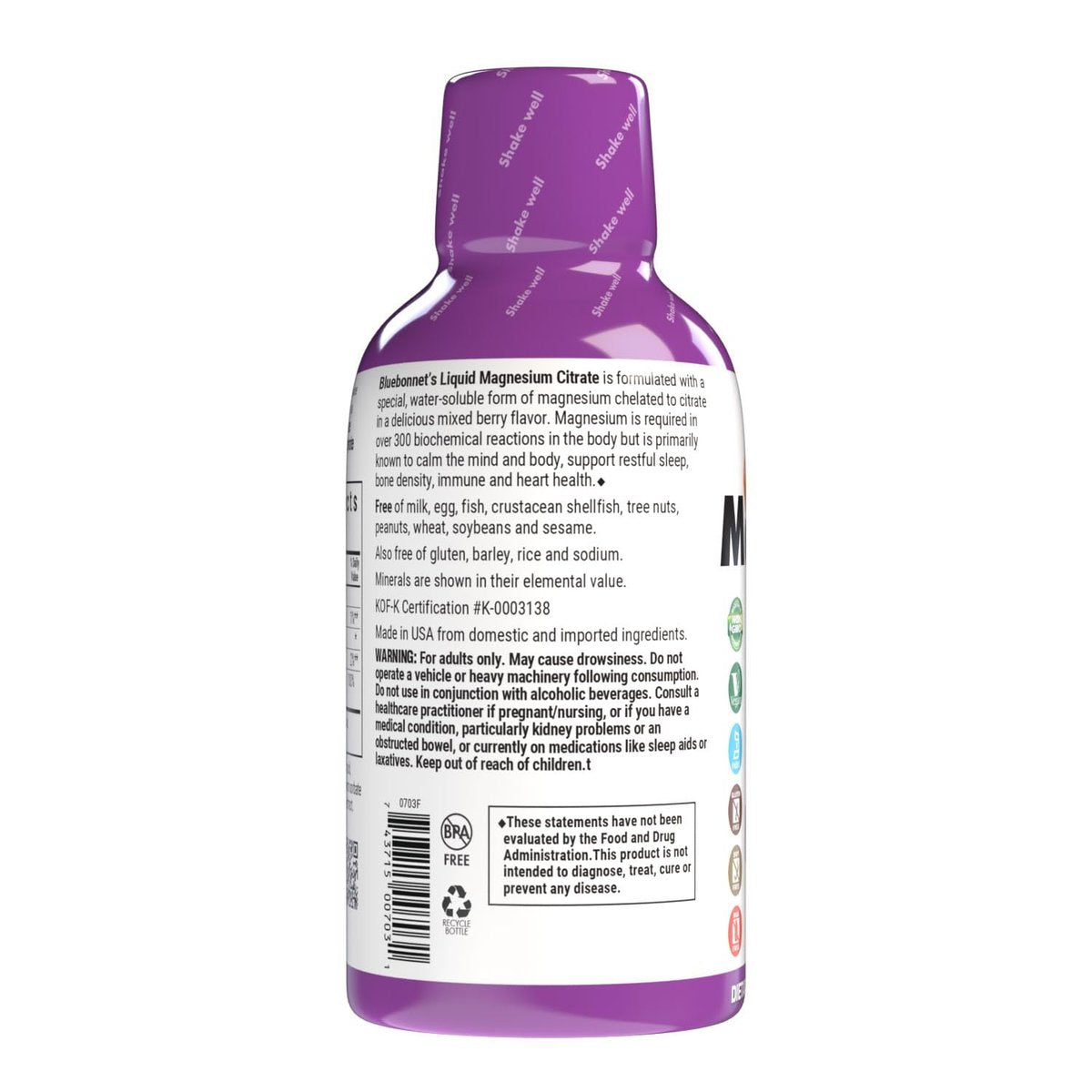 Bluebonnet Nutrition Magnesiumcitrat 420 mg – Für Ruhe und Ausgeglichenheit* – Unterstützt Herz, Muskeln und Schlaf* – Nicht-GVO, Vegan, Koscher, Glutenfrei, Sojafrei, Milchfrei – 473 ml, gemischter Beerengeschmack