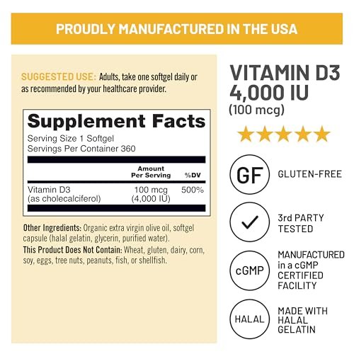 NatureWise Vitamin D3 4000 IE (100 mcg) – 1-Jahresvorrat für Immunsystem, Muskelfunktion und Knochengesundheit – Non-GMO, glutenfrei in Bio-Olivenöl, (Mini-Weichkapseln), 360 Stück