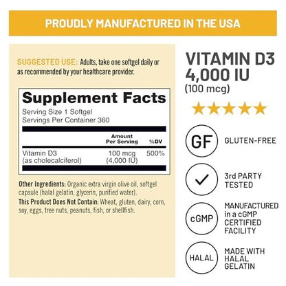 NatureWise Vitamin D3 4000 IE (100 mcg) – 1-Jahresvorrat für Immunsystem, Muskelfunktion und Knochengesundheit – Non-GMO, glutenfrei in Bio-Olivenöl, (Mini-Weichkapseln), 360 Stück