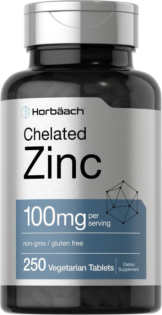 Horbäach Chelat-Zink Supplement 100 mg | 250 Tabletten | Hochdosiert & Hervorragende Aufnahme | Vegetarisch, Nicht-GVO, Glutenfrei