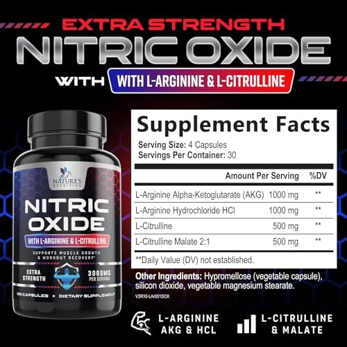 Nitric Oxide Booster Extra Strength - 3-fache Stärke mit L-Arginin & Citrullin - Beste Stickstoffmonoxid-Präparate für Männer - Unterstützt Muskeln, Herzgesundheit, Energie - Hergestellt in den USA - 120 Kapseln