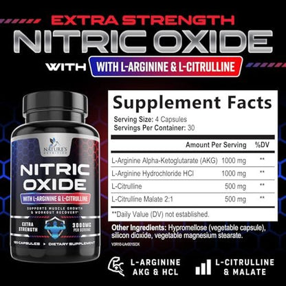 Nitric Oxide Booster Extra Strength - 3-fache Stärke mit L-Arginin & Citrullin - Beste Stickstoffmonoxid-Präparate für Männer - Unterstützt Muskeln, Herzgesundheit, Energie - Hergestellt in den USA - 120 Kapseln