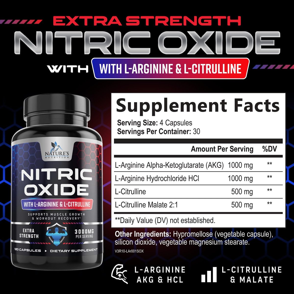 Nitric Oxide Booster Extra Strength - 3-fache Stärke mit L-Arginin & Citrullin - Beste Stickstoffmonoxid-Präparate für Männer - Unterstützt Muskeln, Herzgesundheit, Energie - Hergestellt in den USA - 120 Kapseln