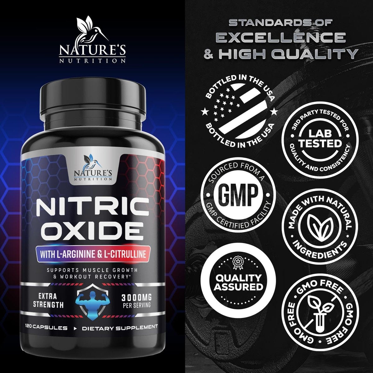 Nitric Oxide Booster Extra Strength - 3-fache Stärke mit L-Arginin & Citrullin - Beste Stickstoffmonoxid-Präparate für Männer - Unterstützt Muskeln, Herzgesundheit, Energie - Hergestellt in den USA - 120 Kapseln