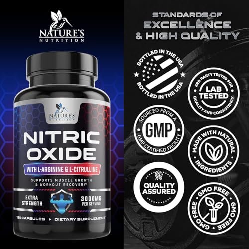 Nitric Oxide Booster Extra Strength - 3-fache Stärke mit L-Arginin & Citrullin - Beste Stickstoffmonoxid-Präparate für Männer - Unterstützt Muskeln, Herzgesundheit, Energie - Hergestellt in den USA - 120 Kapseln